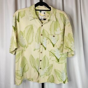 Banana Cabana Button Up Shirt Hawaiian 100% Silk Wood Buttons Mens L Cream/Green